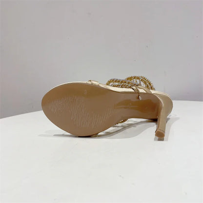 Liyke - Elegantes zapatos de boda para mujer, con borlas de cristal, sandalias de tacón de aguja con punta abierta y tacones de stripper dorados
