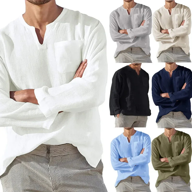 Camisa de lino para hombre 2025, transpirable, color sólido, manga larga, estilo Harajuku, informal, camisa hawaiana, tallas grandes S-5XL