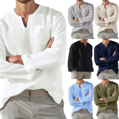 Camisa de lino para hombre 2025, transpirable, color sólido, manga larga, estilo Harajuku, informal, camisa hawaiana, tallas grandes S-5XL