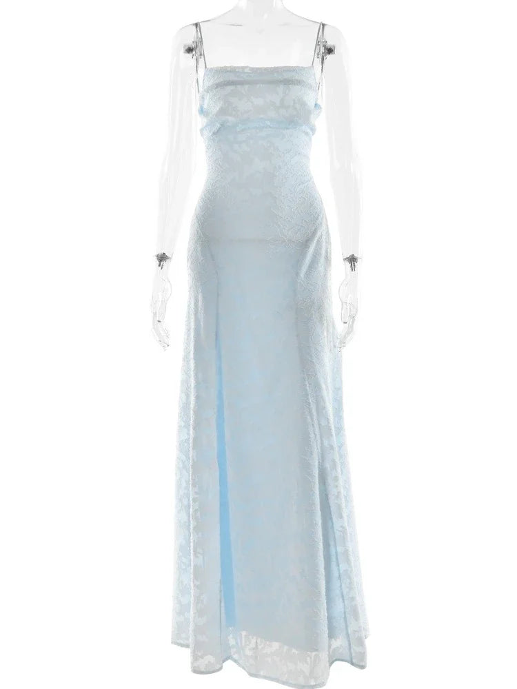 Chaxiaoa Vestido largo sexy con tirantes finos y espalda descubierta para mujer, vestido de moda con hombros descubiertos, sin mangas, con cordones, vestido de fiesta para club nocturno