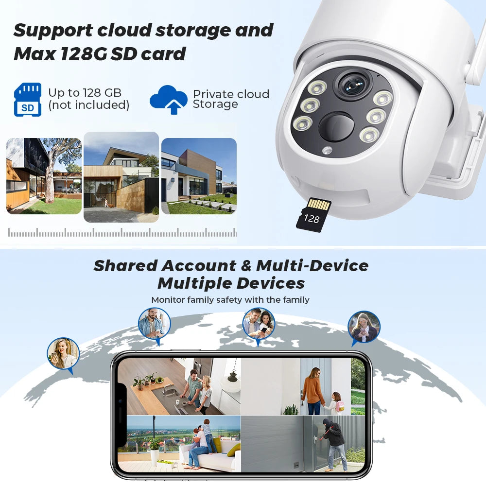 Cámara de vigilancia WiFi exterior inalámbrica HD de 5 MP con panel solar, batería integrada de 7800 mAh y 365 días de autonomía en espera.