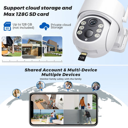 Cámara de vigilancia WiFi exterior inalámbrica HD de 5 MP con panel solar, batería integrada de 7800 mAh y 365 días de autonomía en espera.