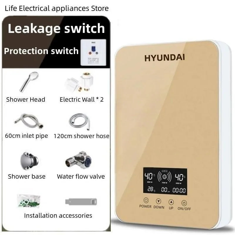 Calentador de agua eléctrico pequeño HYUNDAI con calentamiento rápido e instantáneo, temperatura constante inteligente y pantalla en inglés para ducha o baño.