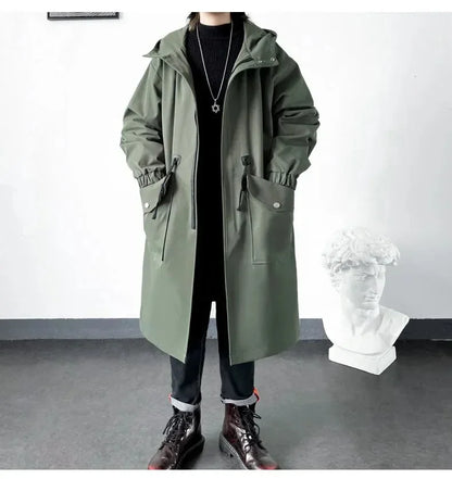 2025 Spring Autumn  Green Windbreaker Fashion Men Mid-length Casual Hooded Coat Men Daily High Street Overcoat Male Clothes