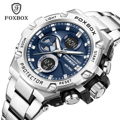 FOXBOX Relojes deportivos de lujo para hombre, reloj de pulsera de cuarzo de lujo, acero, resistente al agua, doble pantalla, relojes militares para hombre, reloj hommes