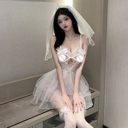 Sexy Bridal Lingerie Set See Through Mesh Babydoll Dress with Veil White Wedding Club Nightwear Cosplay Costume for Women Girls