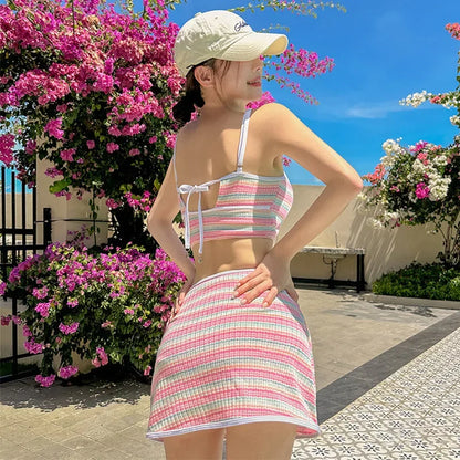 Conjunto de bikini de rayas retro para mujer, estilo fresco, tipo falda, trajes de baño separados, ropa de playa de verano de marca china