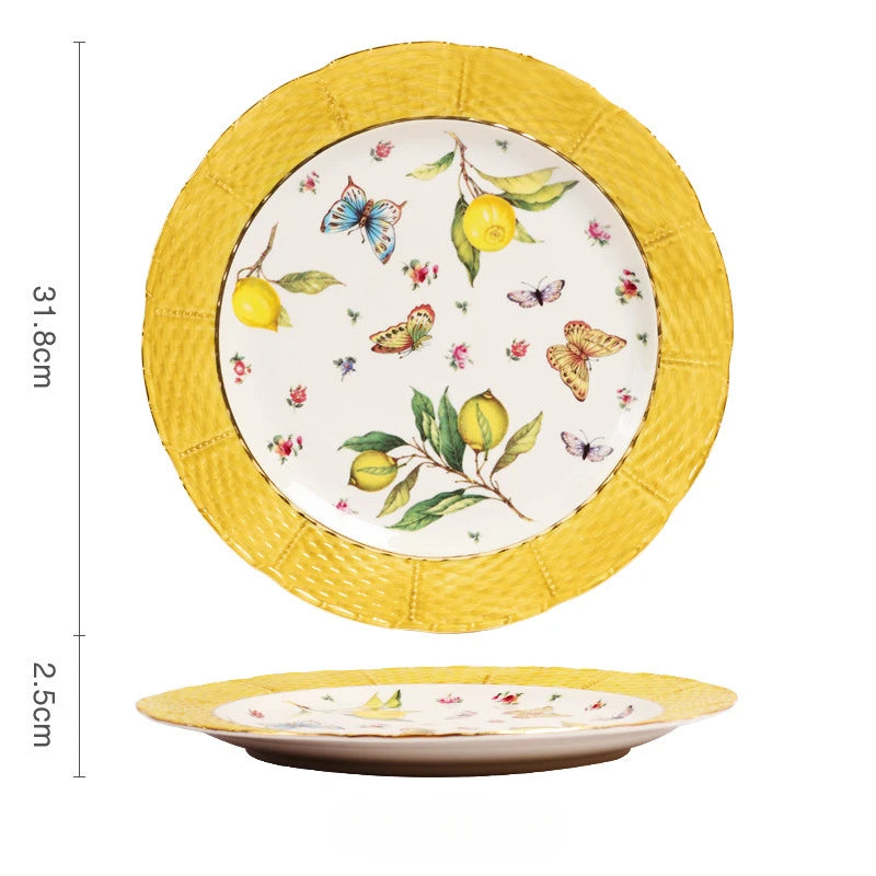 Plato de cerámica de estilo europeo para cena, elegante plato de carne con diseño de limón, juego de taza de café, plato de postre de cocina occidental
