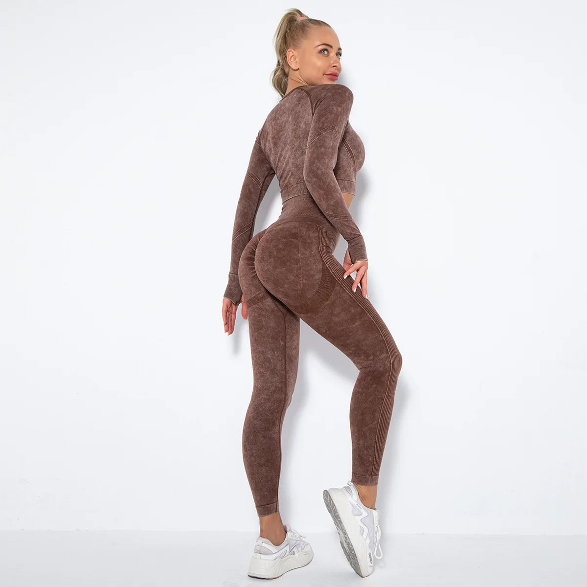 Conjunto de Yoga para Mujer de Alta Calidad, Sin Costuras, 2 Piezas, Camiseta Deportiva de Manga Larga con Color Degradado y Leggings Cortos, Ropa Deportiva para Mujer, 2 Piezas