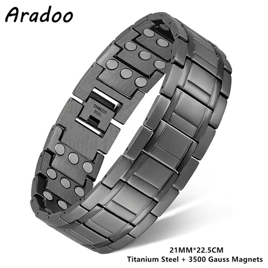 Pulseras clásicas de acero y titanio ARADOO con 3 imanes de neodimio ultrarresistentes, pulsera de eslabones de cobre para terapia magnética.