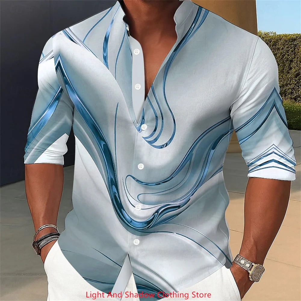 Camisa de hombre con estampado abstracto de mármol y arte líquido. Camisa de cuello alto, manga larga, estilo casual, cómoda para el día a día, vacaciones y fiestas.