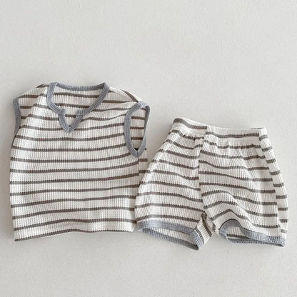 Ropa para niños de 0 a 3 años, conjunto de camiseta y pantalones cortos de algodón puro a rayas de verano, conjunto de manga corta para niñas y vacaciones en la playa