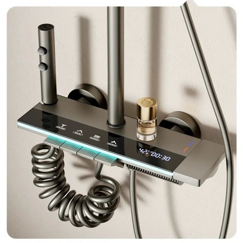 Juego de ducha gris con sistema de ducha inteligente de cuatro funciones con pantalla digital, ducha tipo lluvia a presión, grifería de pared con teclas de piano