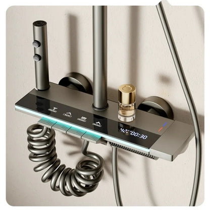 Juego de ducha gris con sistema de ducha inteligente de cuatro funciones con pantalla digital, ducha tipo lluvia a presión, grifería de pared con teclas de piano