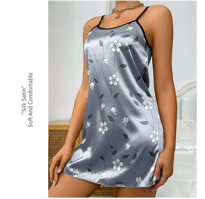Camisón de satén con estampado floral para mujer, ropa de dormir informal sin mangas y sin espalda, sexy, para el hogar