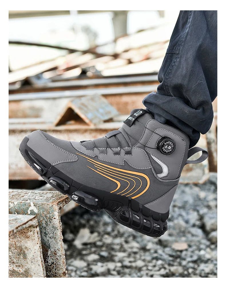 Zapatos de seguridad de caña alta para hombre con botón giratorio, resistentes a impactos y perforaciones, zapatillas de moda para hombre, calzado de seguridad profesional.