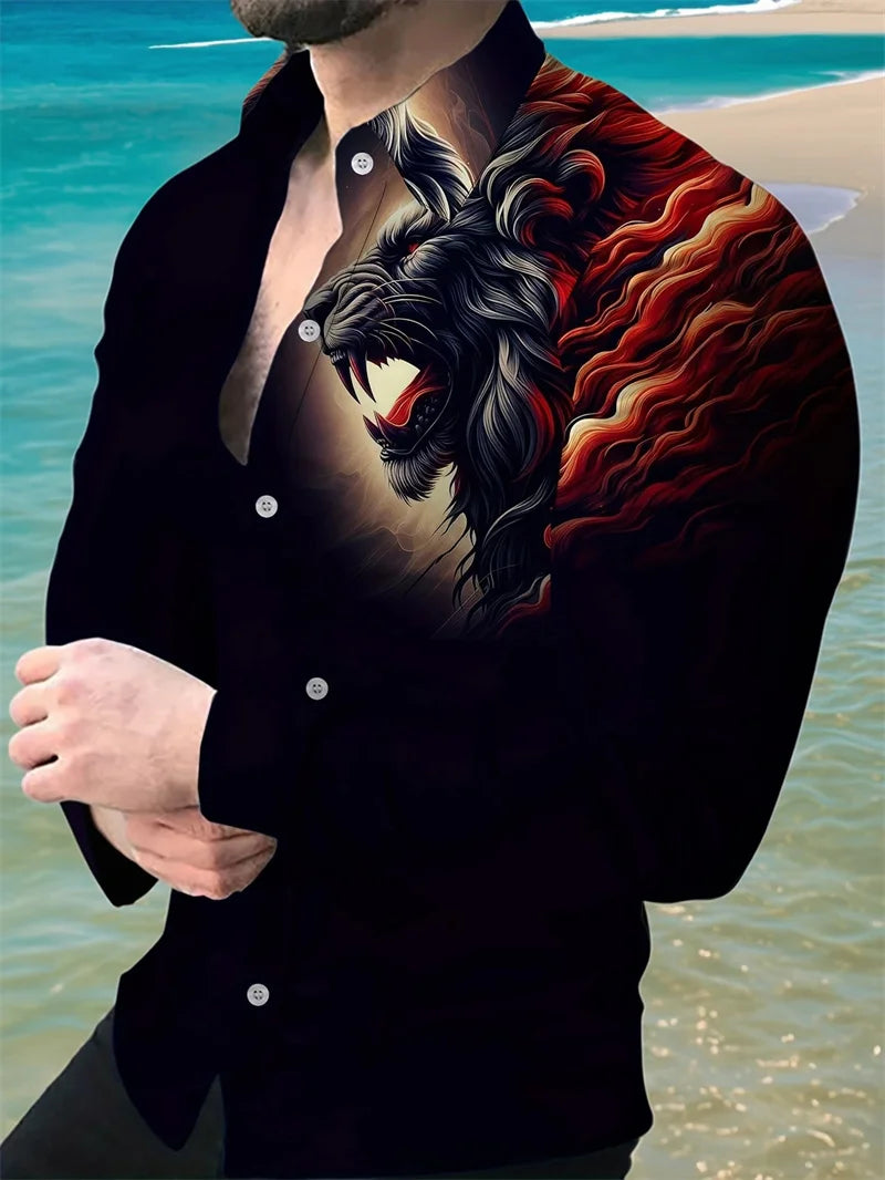 Camisa de hombre de moda, con lunares, solapa abotonada, estilo hawaiano veraniego, ideal para la ciudad o las vacaciones. Manga larga.