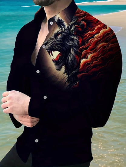 Camisa de hombre de moda, con lunares, solapa abotonada, estilo hawaiano veraniego, ideal para la ciudad o las vacaciones. Manga larga.