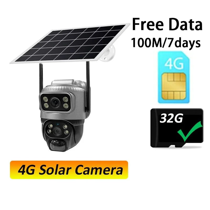 Cámara solar 4G de 8MP con lente dual 4K, PIR, tarjeta SIM integrada, visión nocturna, resistente al agua, cámara IP de seguridad con batería y monitor CCTV.