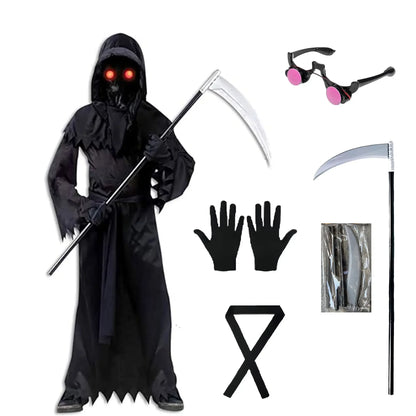 Child Horror Red Eye Grim Reaper Costume Scythe Devil Darkseid Ghost Cosplay Suit Halloween Hooded Party Dress Gloves