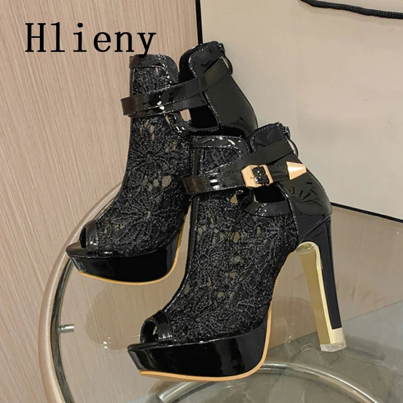 Hlieny Otoño Sexy Tela de Malla Plataforma Tacones Altos Botas Sandalias Mujer Peep Toe Club Nocturno Fiesta Stiletto Zapatos Femeninos