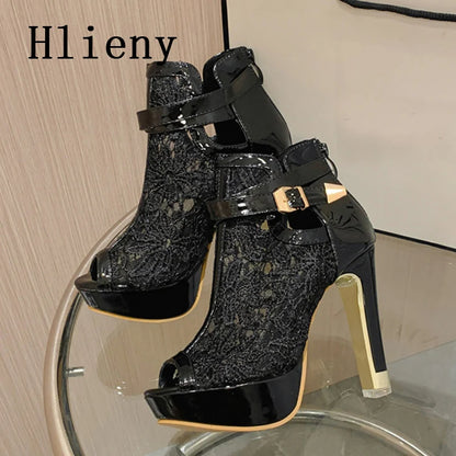 Hlieny Otoño Sexy Tela de Malla Plataforma Tacones Altos Botas Sandalias Mujer Peep Toe Club Nocturno Fiesta Stiletto Zapatos Femeninos