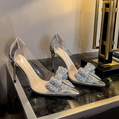 Sandalias de lujo con punta de cristal y hada para mujer, zapatos de tacón alto transparentes con nudo de mariposa y diamantes de imitación, a la moda