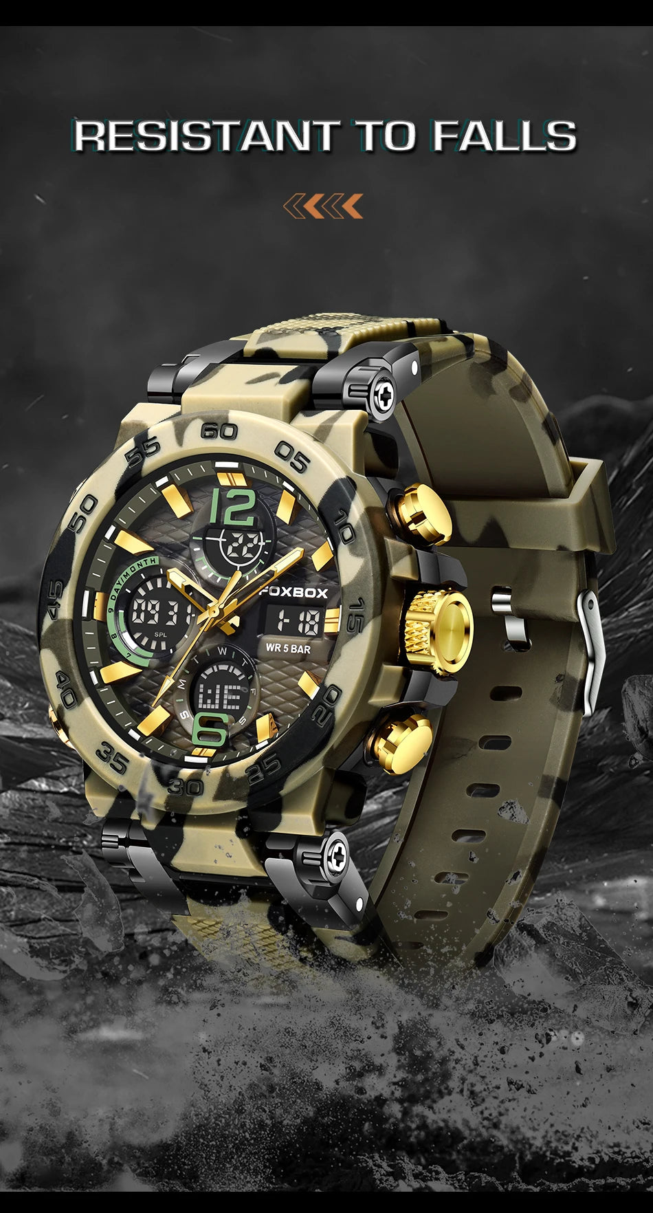 FOXBOX Reloj digital a prueba de golpes para hombre, estilo militar, camuflaje, resistente al agua hasta 5 ATM, relojes electrónicos a prueba de golpes, estilo táctico.