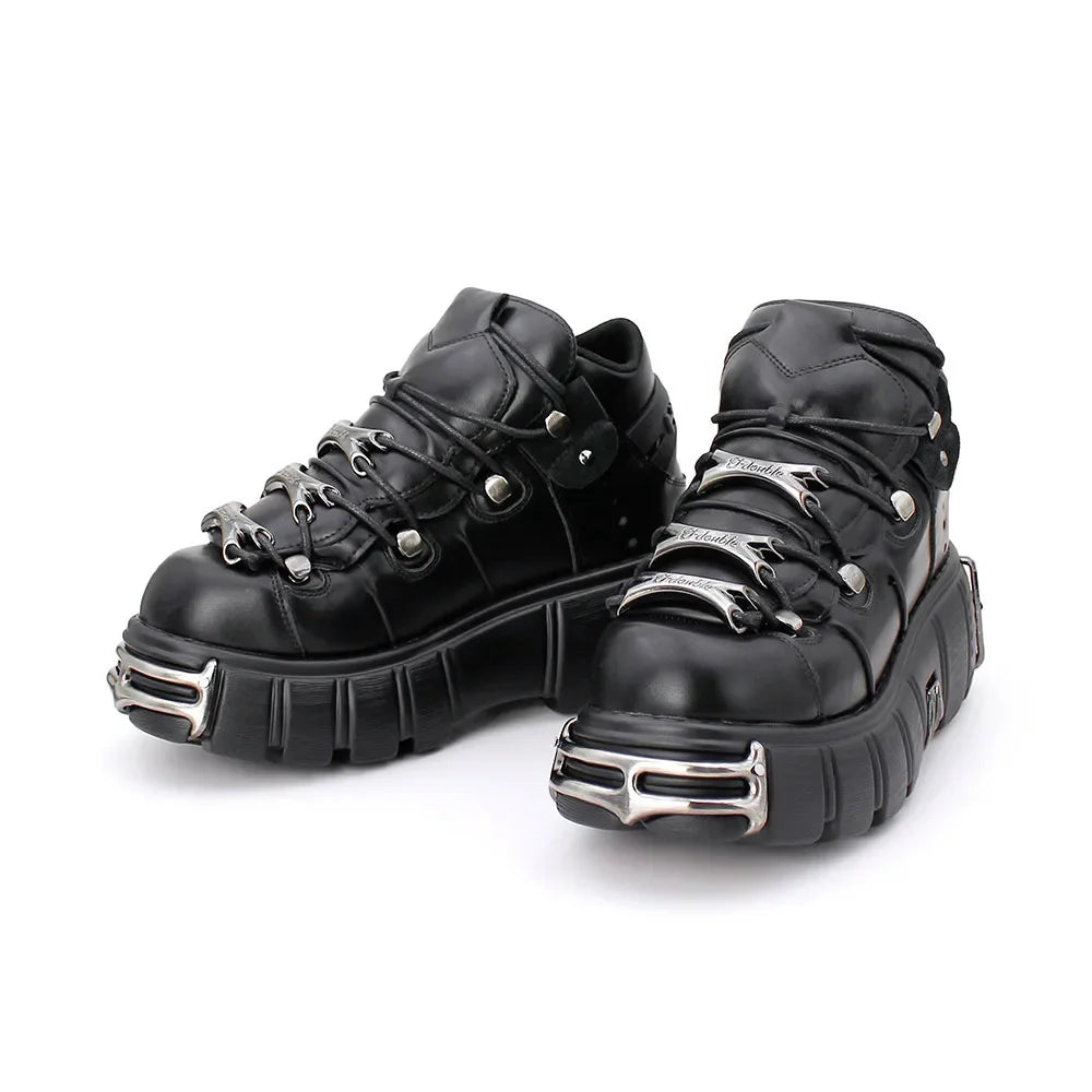 Zapatos de cuero estilo punk para mujer, con cordones, tacón de 6 cm de altura, plataforma, botines góticos para mujer, botas de motociclista de PU, zapatillas de suela gruesa
