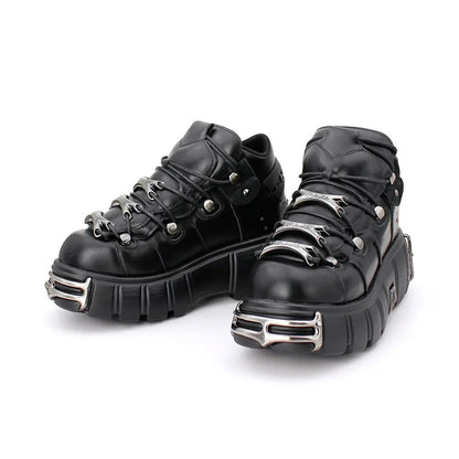Zapatos de cuero estilo punk para mujer, con cordones, tacón de 6 cm de altura, plataforma, botines góticos para mujer, botas de motociclista de PU, zapatillas de suela gruesa
