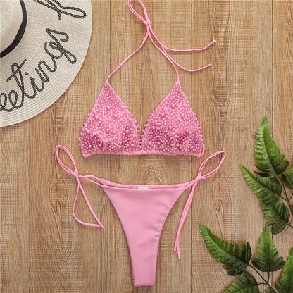 Bikini de lujo con perlas y escote halter, mini bikinis, micro bikinis, traje de baño femenino, conjunto de bikini de dos piezas, traje de baño para mujer