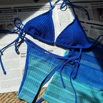 VigoBreviya - Conjunto de bikini de 3 piezas con falda y degradado para mujer, traje de baño sexy con cuello halter, push up, tanga de corte alto atada, 2024