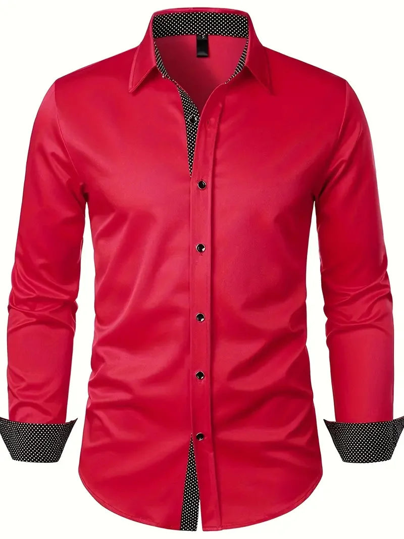 Spring Men's Long Sleeve Shirt Fashion Vintage Texture Print Long Sleeve Shirt Men's Flap-Collar Shirt Top Office Suit