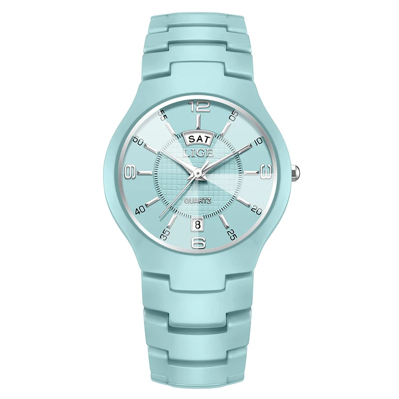 Reloj de cuarzo de cerámica de moda LIGE para mujer, reloj deportivo informal con fecha semanal, reloj creativo de acero resistente al agua para mujer