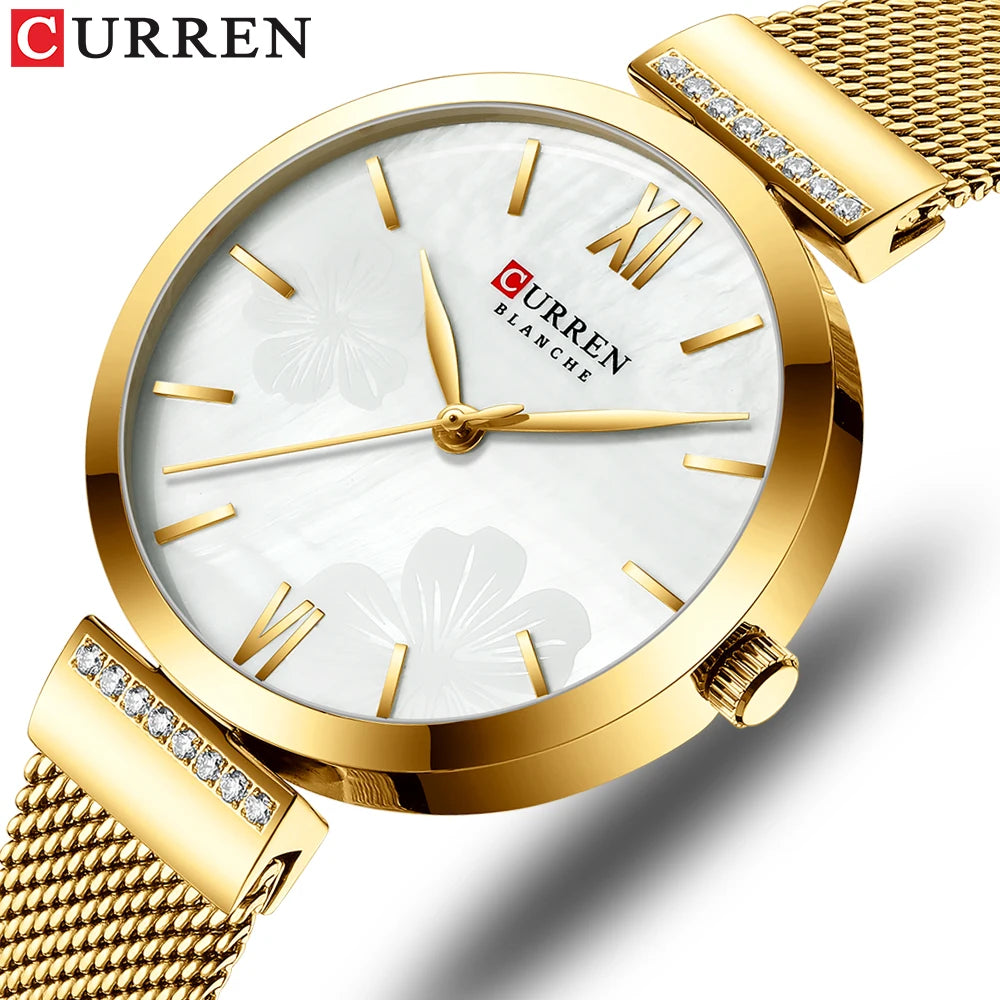 Reloj de moda CURREN para mujer, de lujo, de cuarzo dorado, elegante reloj de pulsera para mujer, reloj de vestir para mujer, acero inoxidable