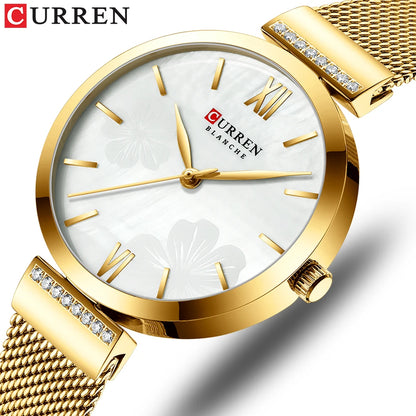 Reloj de moda CURREN para mujer, de lujo, de cuarzo dorado, elegante reloj de pulsera para mujer, reloj de vestir para mujer, acero inoxidable