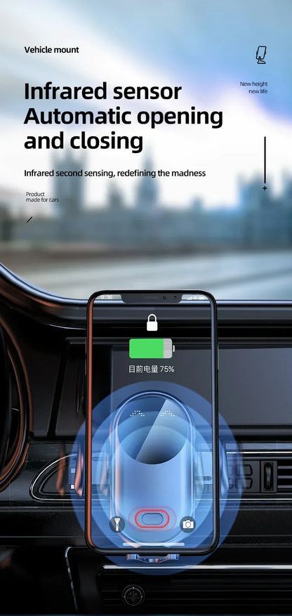 Soporte de carga inalámbrica para coche con inducción infrarroja y abrazadera para rejilla de ventilación, compatible con iPhone 16~12 Pro Max y Samsung Galaxy S25/S24. Carga rápida.