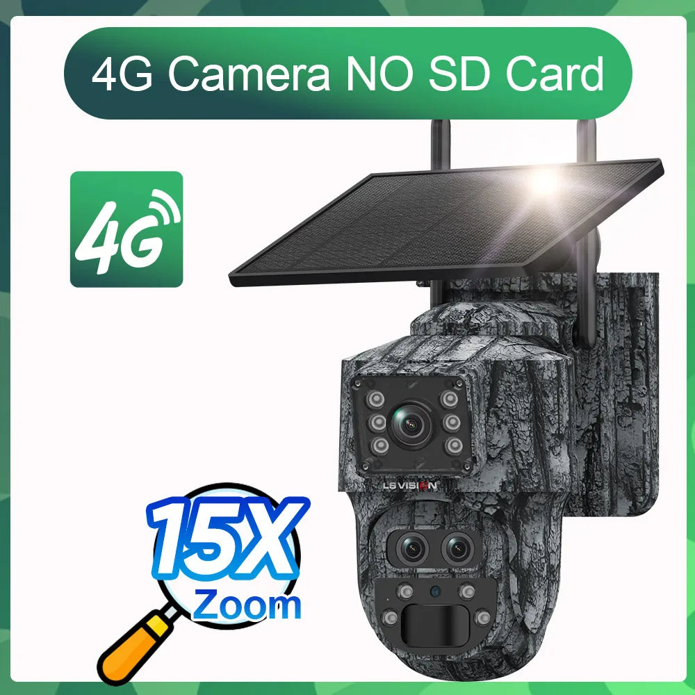 Cámara solar LS VISION 6K con zoom 15X, 4G, para caza y bosque, con sensor PIR de 12 MP, tres lentes, wifi, visión nocturna y protección IP66.