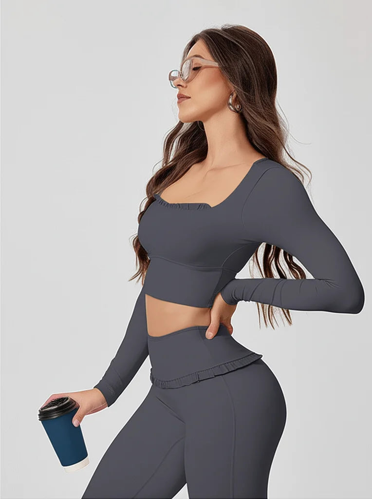 Conjunto de Yoga de 2 Piezas con Volantes para Mujer, Cintura Alta, Control de Abdomen, Pantalones Acampanados, Top de Manga Larga, Ropa Deportiva para Gimnasio, Correr, Clásico, Gris Oscuro