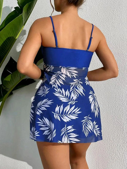2025 Vestido corto tankini con pantalones cortos traje de baño para mujer traje de baño femenino acolchado estampado traje de baño natación ropa de playa verano