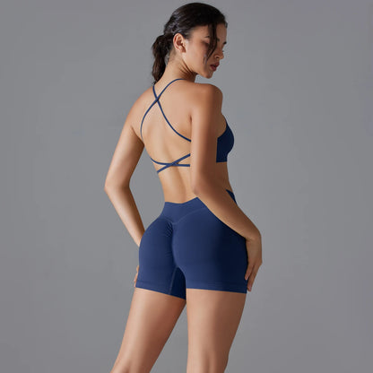 Conjunto deportivo de yoga, mallas de gimnasio de secado rápido, tirantes cruzados con absorción de impactos, pantalones cortos de ciclismo para mujer, entrenamiento de yoga.