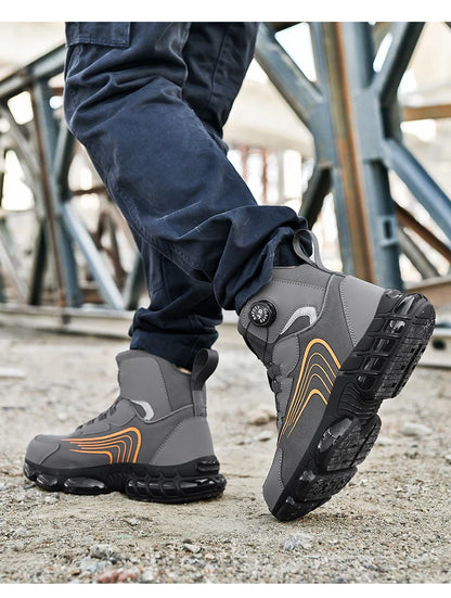Zapatos de seguridad de caña alta para hombre con botón giratorio, resistentes a impactos y perforaciones, zapatillas de moda para hombre, calzado de seguridad profesional.