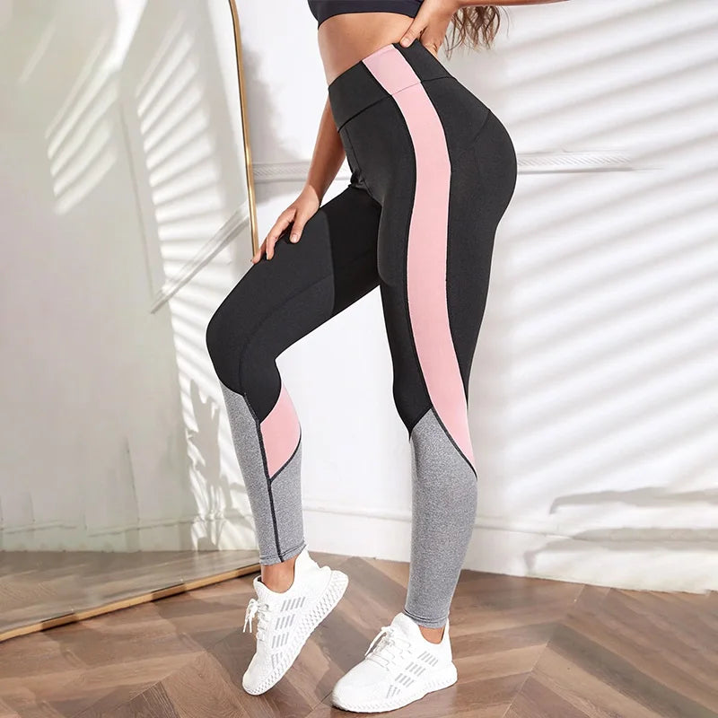 Leggings de yoga de cintura alta con bloques de color para mujer, leggings de entrenamiento con control de abdomen para mujer