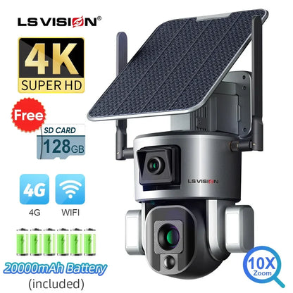 Cámara solar LS VISION 4K de 8 MP para exteriores con doble lente, 4G/WiFi, doble pantalla, zoom óptico 4X/10X, seguimiento humanoide y cámara de seguridad PTZ.