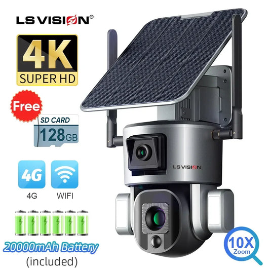 Cámara solar LS VISION 4K de 8 MP para exteriores con doble lente, 4G/WiFi, doble pantalla, zoom óptico 4X/10X, seguimiento humanoide y cámara de seguridad PTZ.