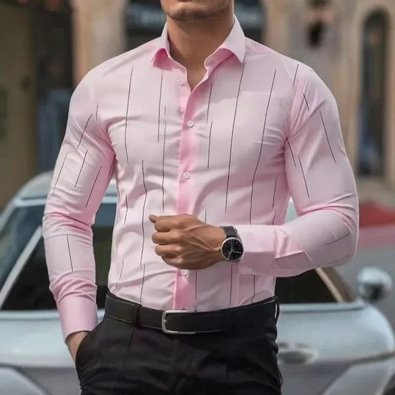 Camisa de manga larga de negocios para hombre, de alta calidad, cómoda, con botones, estilo elegante y a rayas.