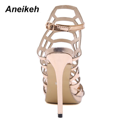 Aneikeh Patent Leather Gladiator Golden Sexy Hollow Out Sandals Party Shoes 2025 Fashion Night Club High Heel Strap Womens 35-40