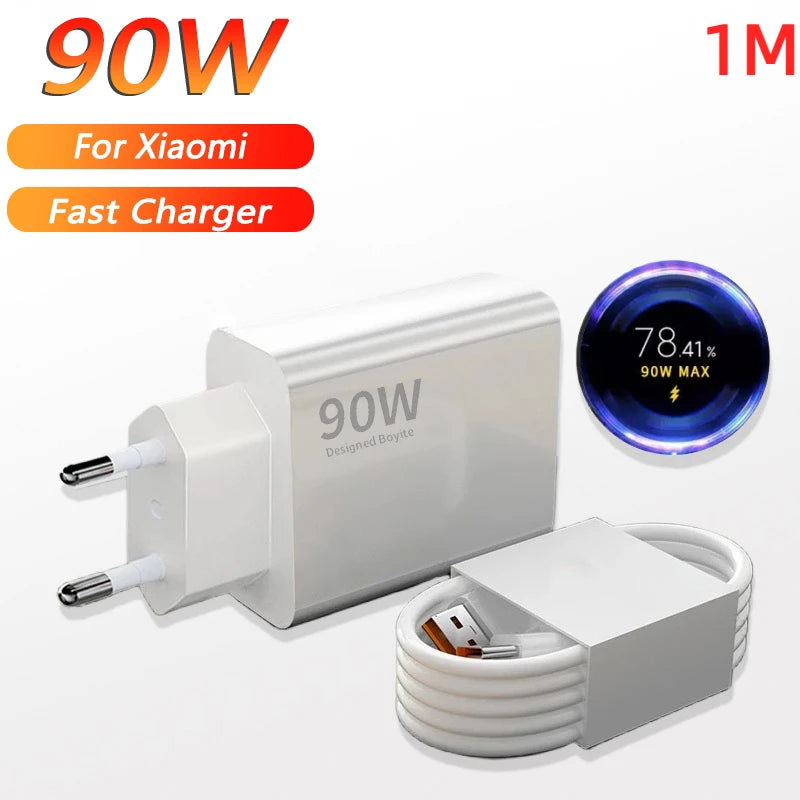 Cargador Xiaomi de 90 W, carga rápida y eficiente, adaptador de corriente de pared con turbocompresor, cable tipo C de 1/1,5/2 m y 6 A para Mi 15, 14 Ultra Pro, POCO X7 y X6