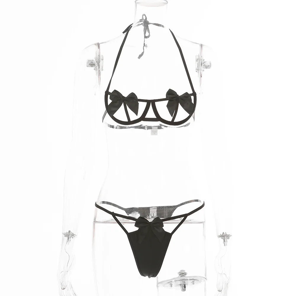 Conjunto de lencería sexy de 3 piezas con sujetador y tanga con lazo para mujer, conjunto de lencería sexy con ligas y perspectiva recortada.