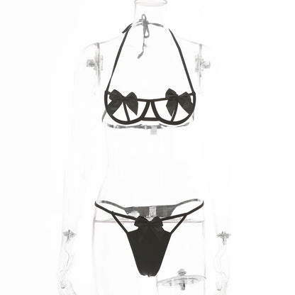 Conjunto de lencería sexy de 3 piezas con sujetador y tanga con lazo para mujer, conjunto de lencería sexy con ligas y perspectiva recortada.